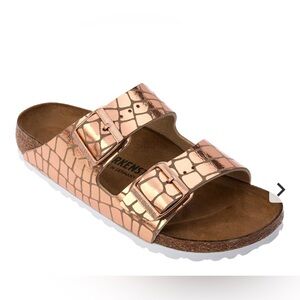 NWT New Birkenstock Arizona Rose Gold Gator Gleam Sandals Narrow 37
